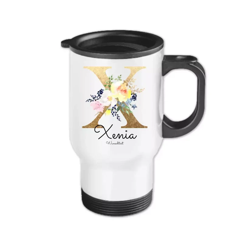 Personalisierter Becher aus Edelstahl mit Buchstabe / Monogramm, Namen und Text