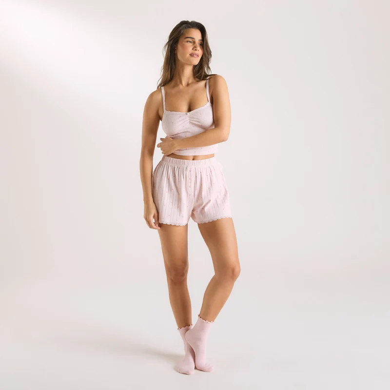 Pointelle Pyjama-Shorts - Florales Rosa