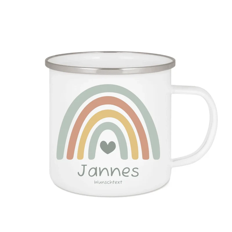 Schulanfang Kindertasse Schulkind 2024 - Emaille Kinderbecher Regenbogen Einschulung mit Namen personalisiert - Einschulungsgeschenk
