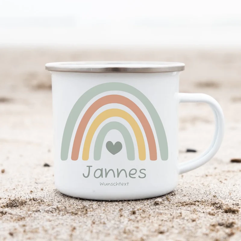 Schulanfang Kindertasse Schulkind 2024 - Emaille Kinderbecher Regenbogen Einschulung mit Namen personalisiert - Einschulungsgeschenk