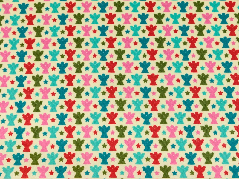 Reststück 34cm - Laminierter Baumwollstoff Joyful Christmas Engel bunt auf creme