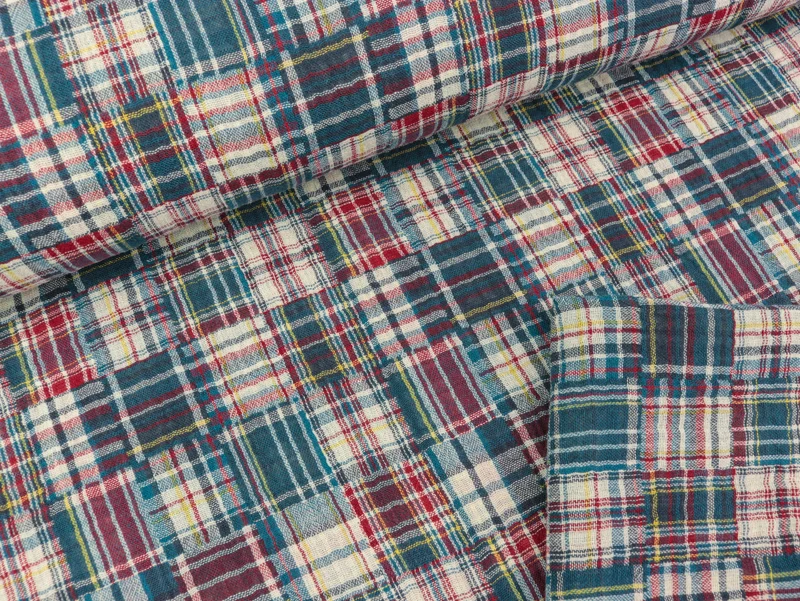 Reststück 75cm - Doubleface Baumwoll Double Gauze Checks Blue Patchwork