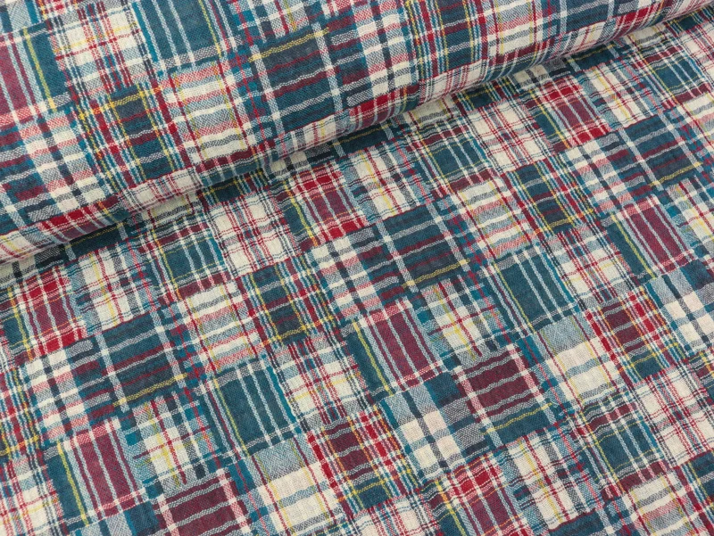 Reststück 75cm - Doubleface Baumwoll Double Gauze Checks Blue Patchwork