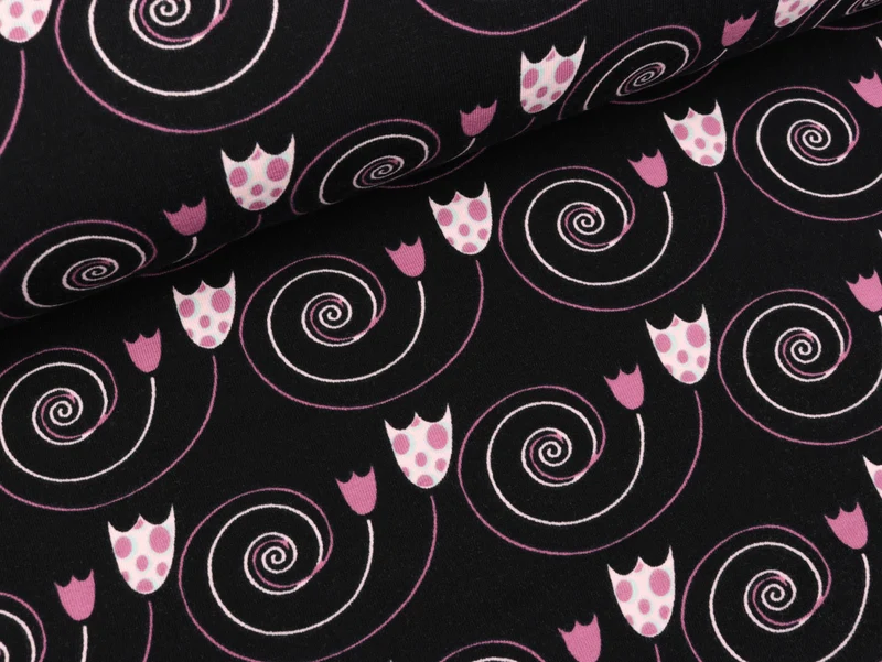 Reststück 10cm - Baumwolljersey Oh Deer! Blumenwirbel pink-rose auf Schwarz