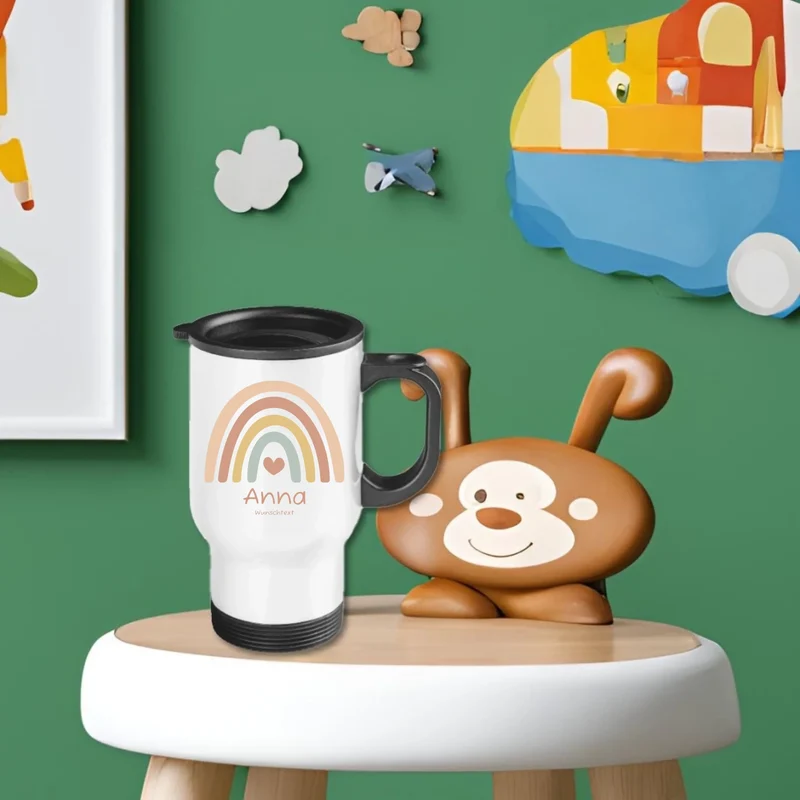 Personalisierter Kinder Becher aus Edelstahl mit Regenbogen Namen und Text | Kinderbecher Geschenk Einschulung & Geburtstag | Edelstahl-Thermobecher für Kinder personalisiert