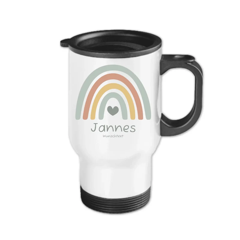 Personalisierter Becher Kinder aus Edelstahl mit Regenbogen Namen und Text Junge | Kinderbecher Geschenk Einschulung & Geburtstag | Edelstahl-Thermobecher für Kinder personalisiert