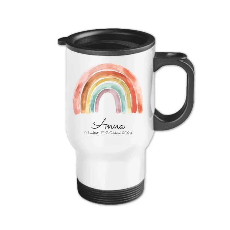 Personalisierter Becher Kinder aus Edelstahl mit Regenbogen Namen und Text | Kinderbecher Geschenk Einschulung & Geburtstag | Edelstahl-Thermobecher für Kinder personalisiert