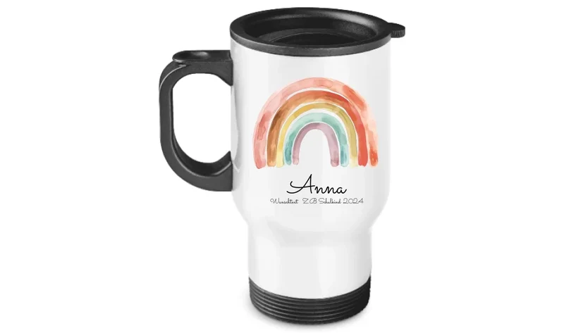 Personalisierter Becher Kinder aus Edelstahl mit Regenbogen Namen und Text | Kinderbecher Geschenk Einschulung & Geburtstag | Edelstahl-Thermobecher für Kinder personalisiert