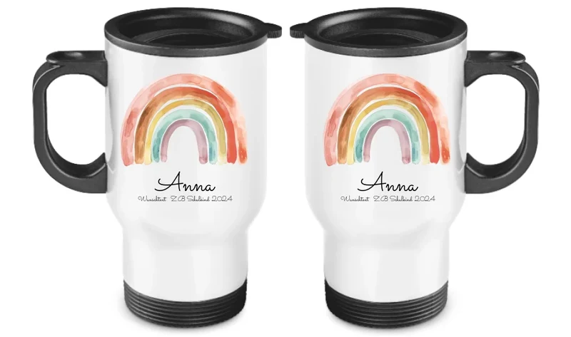 Personalisierter Becher Kinder aus Edelstahl mit Regenbogen Namen und Text | Kinderbecher Geschenk Einschulung & Geburtstag | Edelstahl-Thermobecher für Kinder personalisiert