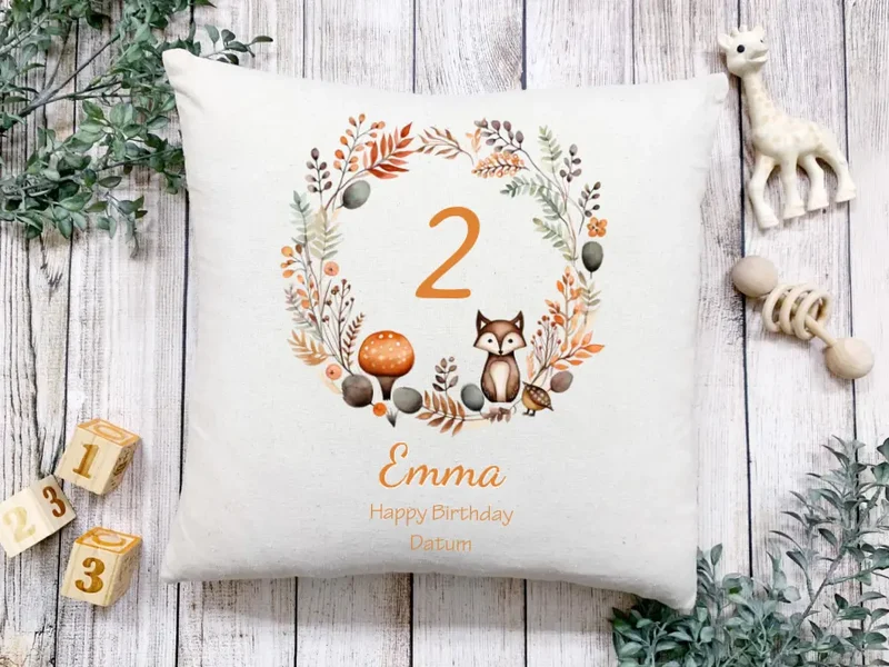 1.-10. Geburtstag Geschenk Mädchen Junge | Kinder Kissen Geschenk mit Name / Geburtstagszahl personalisiert Reh
