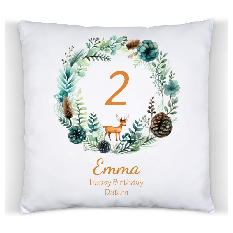 1.-10. Geburtstag Geschenk Mädchen Junge | Kinder Kissen Geschenk mit Name / Geburtstagszahl personalisiert Reh