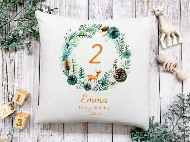 1.-10. Geburtstag Geschenk Mädchen Junge | Kinder Kissen Geschenk mit Name / Geburtstagszahl personalisiert Reh