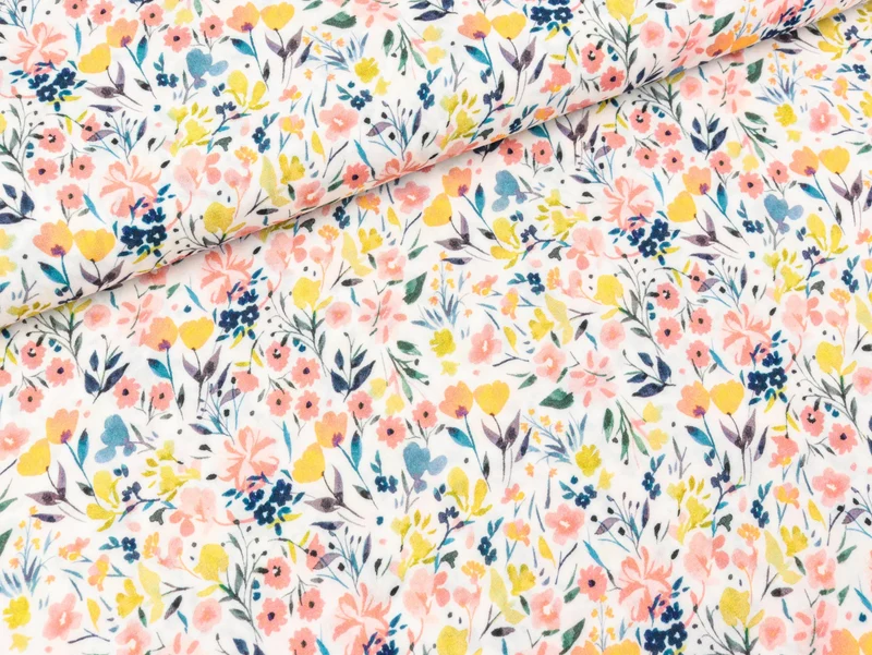 Reststück 20cm - Viskosestoff Mila Blümchen apricot-bunt auf Ecru
