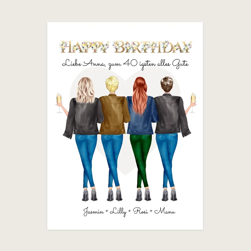 40 Geburtstag Freundin Personalisiertes Bild Geschenk | Poster 4 Freundinnen
