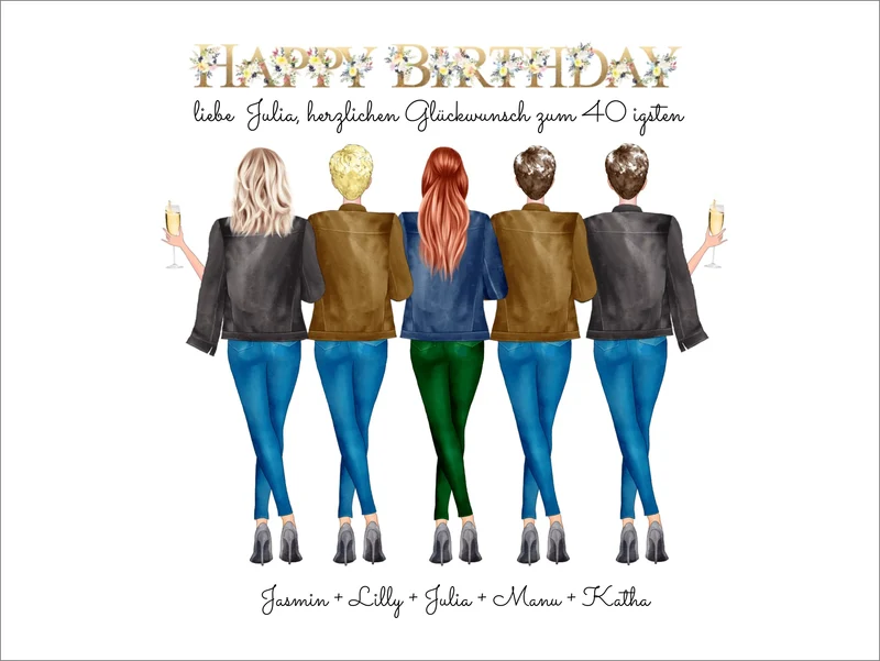 Geschenk zum 40 Geburtstag für beste Freundin - 5 Freundinnen personalisiert