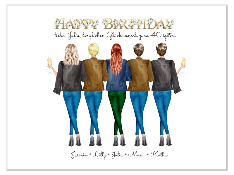 Geschenk zum 40 Geburtstag für beste Freundin - 5 Freundinnen personalisiert