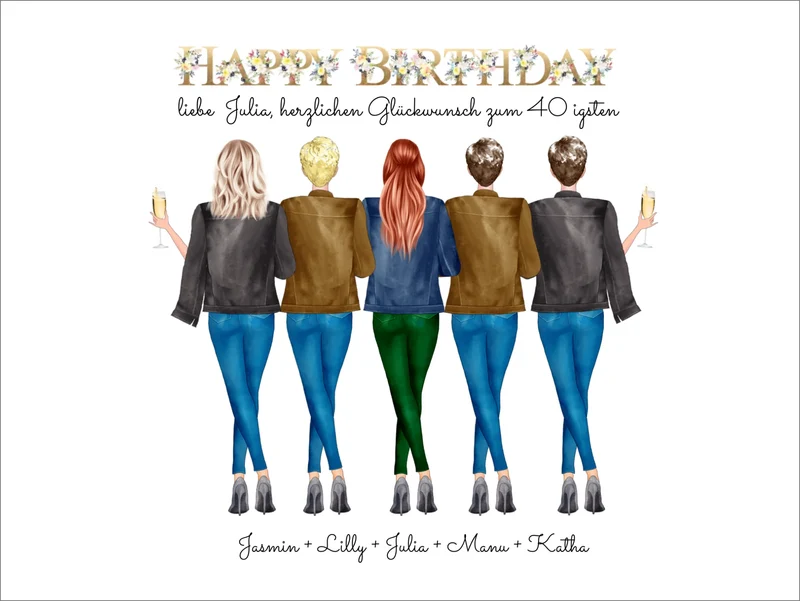 Geschenk zum 40 Geburtstag für beste Freundin - 5 Freundinnen personalisiert