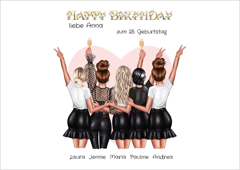 Beste Freundin Bild Geschenk zum Geburtstag | Personalisiertes Poster mit 5 Freundinnen