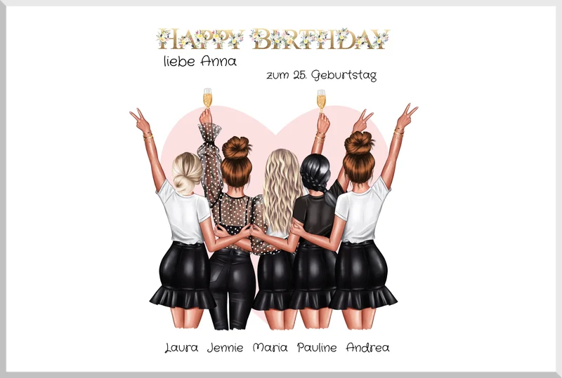 Beste Freundin Bild Geschenk zum Geburtstag | Personalisiertes Poster mit 5 Freundinnen