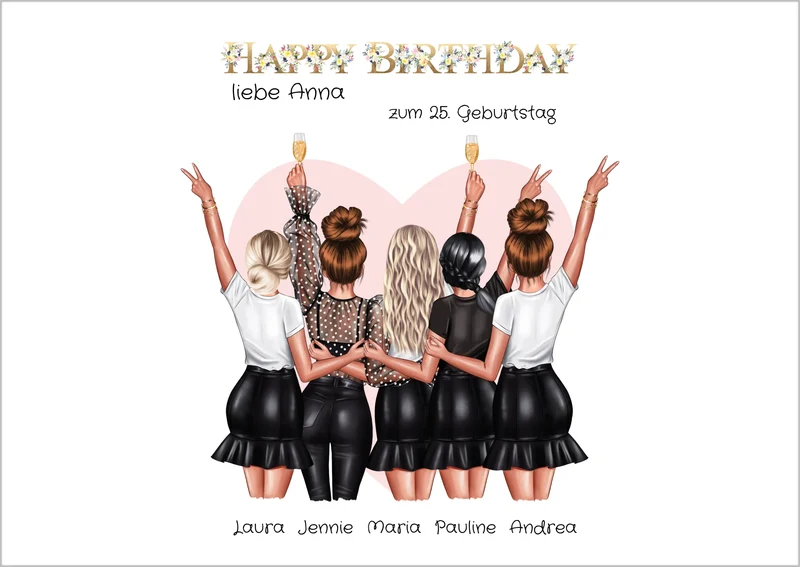 Beste Freundin Bild Geschenk zum Geburtstag | Personalisiertes Poster mit 5 Freundinnen
