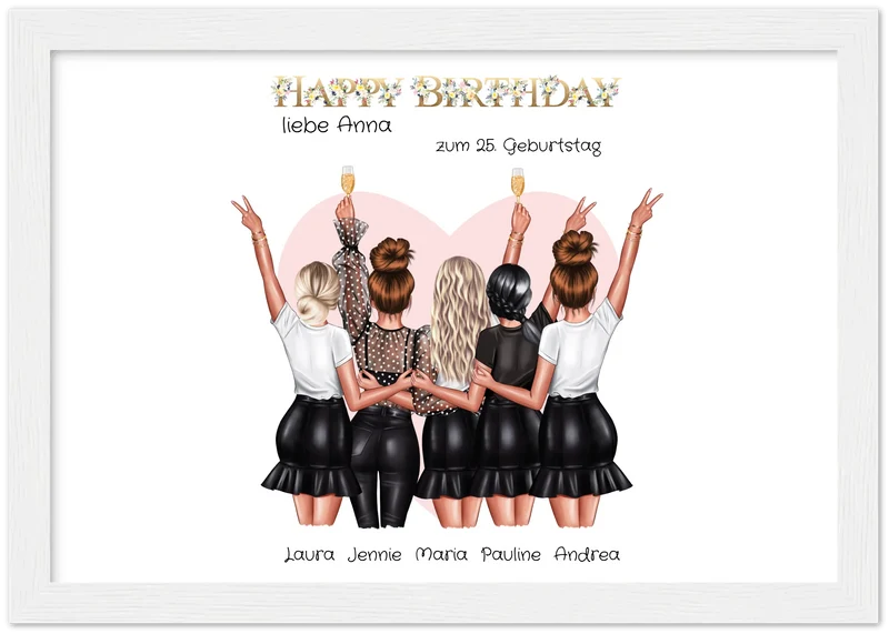 Beste Freundin Bild Geschenk zum Geburtstag | Personalisiertes Poster mit 5 Freundinnen