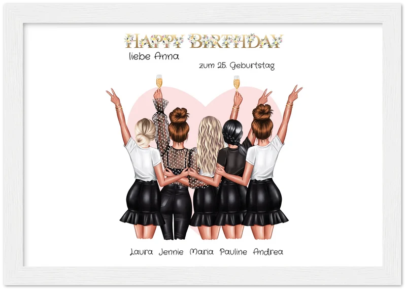 Beste Freundin Bild Geschenk zum Geburtstag | Personalisiertes Poster mit 5 Freundinnen