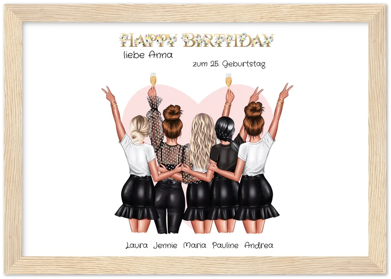 Beste Freundin Bild Geschenk zum Geburtstag | Personalisiertes Poster mit 5 Freundinnen
