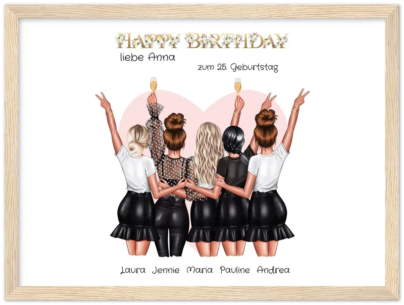 Beste Freundin Bild Geschenk zum Geburtstag | Personalisiertes Poster mit 5 Freundinnen