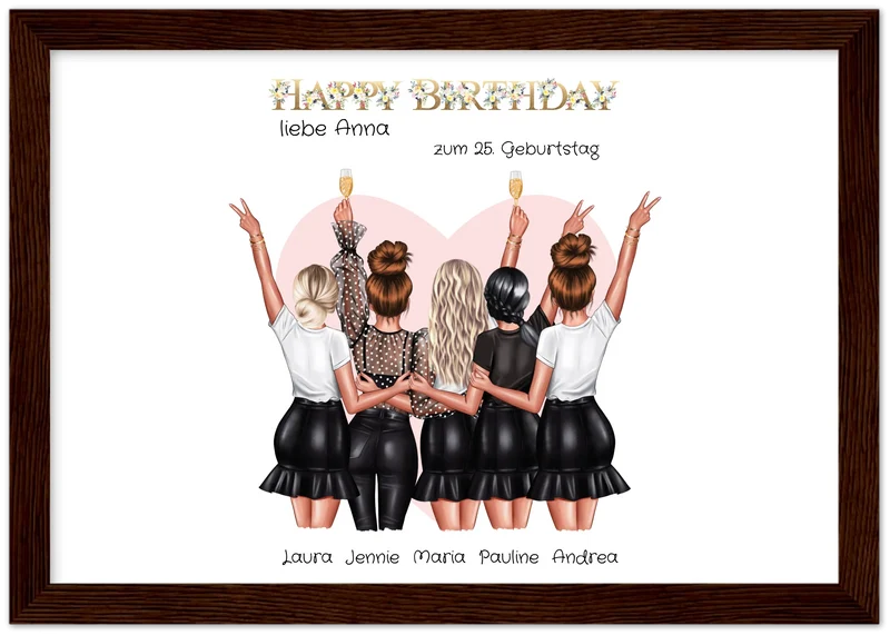 Beste Freundin Bild Geschenk zum Geburtstag | Personalisiertes Poster mit 5 Freundinnen