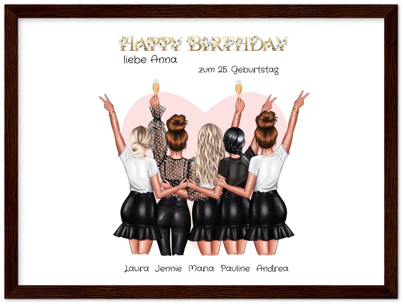 Beste Freundin Bild Geschenk zum Geburtstag | Personalisiertes Poster mit 5 Freundinnen