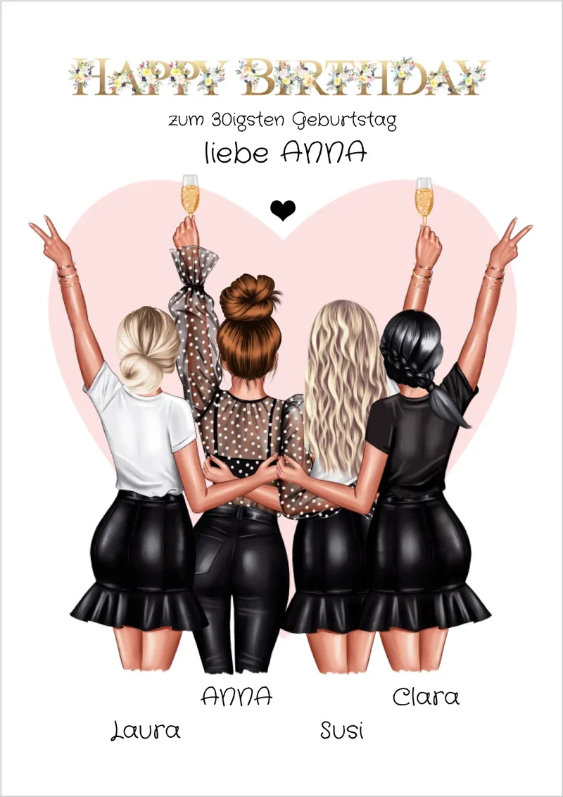 Geschenk beste Freundin 30. Geburtstag personalisiert | 4 Freundinnen Poster & Bilddatei