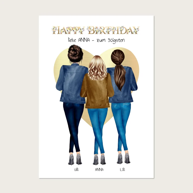 Beste Freundin 30. Geburtstag Geschenk - Freundin Bild mit 3 Frauern | Happy Birthday Poster