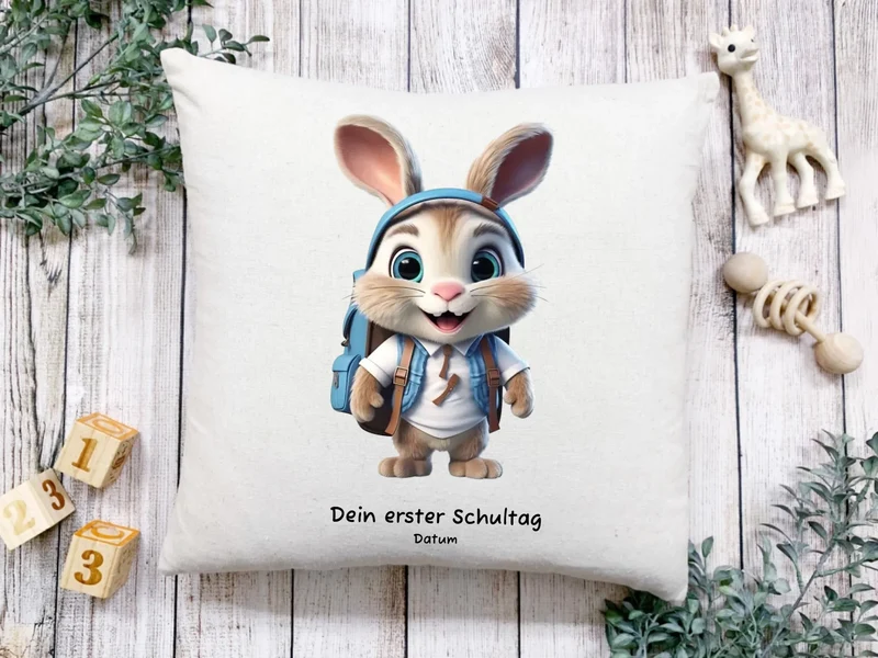 Personalisiertes Kissen zur Einschulung mit Füllung mit Hase Motiv