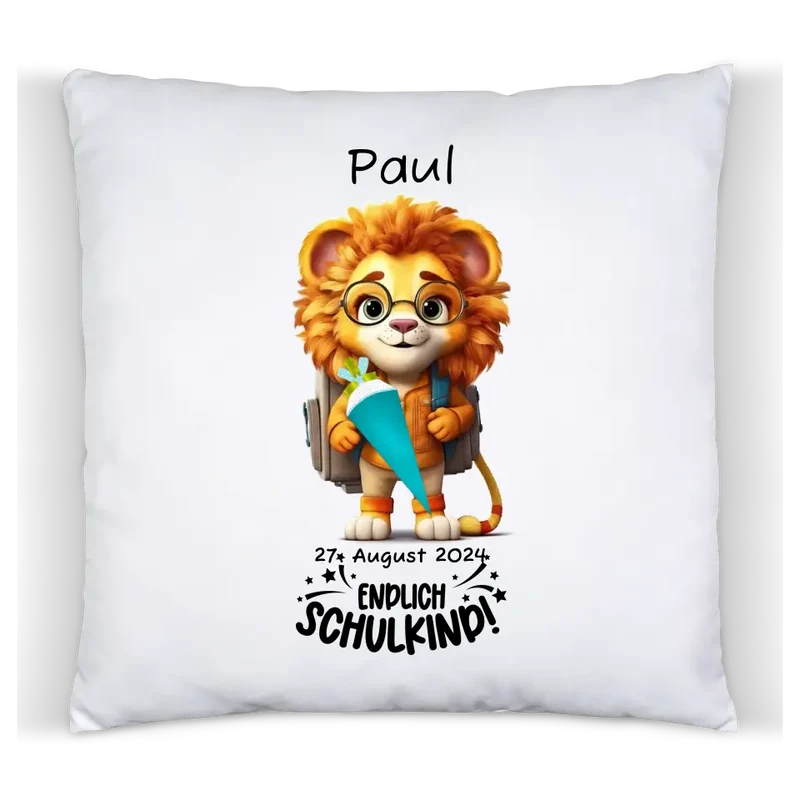 Schulkind 2024 | Geschenk zur Einschulung Tasse Becher Kissen Löwe personalisiert | Einschulungsgeschenk