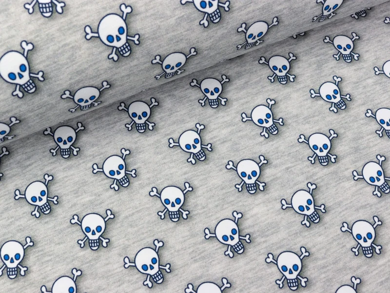 Reststück 38cm - Hamburger Liebe Baumwolljersey Ahoy Little Skulls auf Mittelgrau meliert