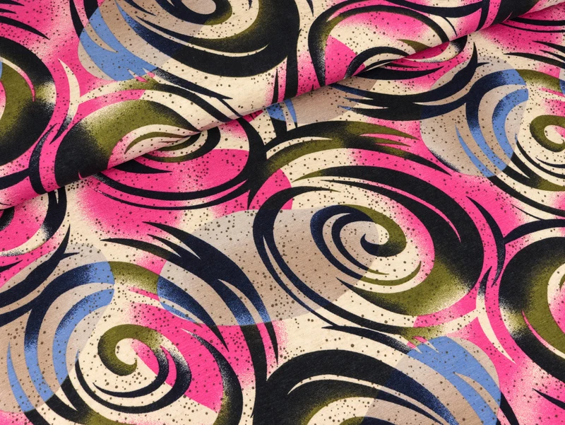 Reststück 37cm - Viscose Leinen Jersey Rotation pink-khaki-bunt auf Natur