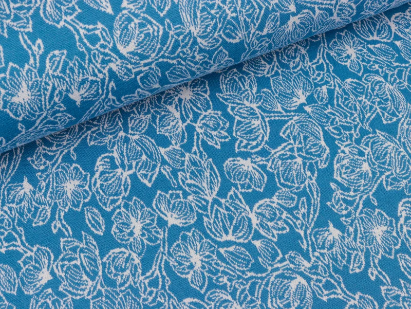 Reststück 16cm - Jacquardstrickstoff Just-May Blumen weiß auf Blau by Lila-Lotta