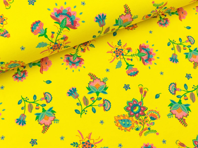 Reststück 42cm - Baumwolljersey Flowers bunt auf Gelb