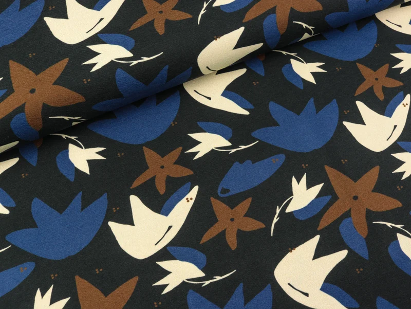 Reststück 25cm - Baumwolljersey Free Fallin Cozy Buntes Blumenmuster auf Tiefblau by brinarina