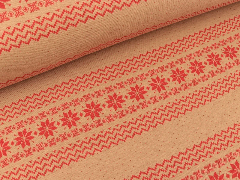 Reststück 26cm - Doubleface Jacquard-Jersey Norweger Bordüre rot-beige