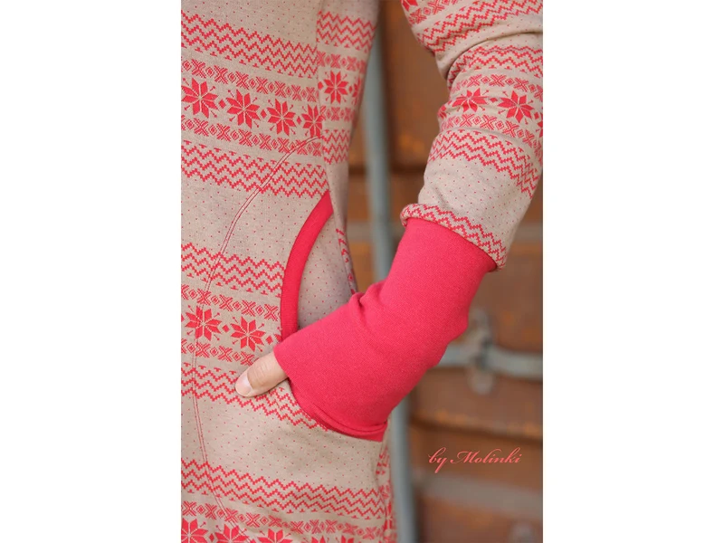 Reststück 26cm - Doubleface Jacquard-Jersey Norweger Bordüre rot-beige