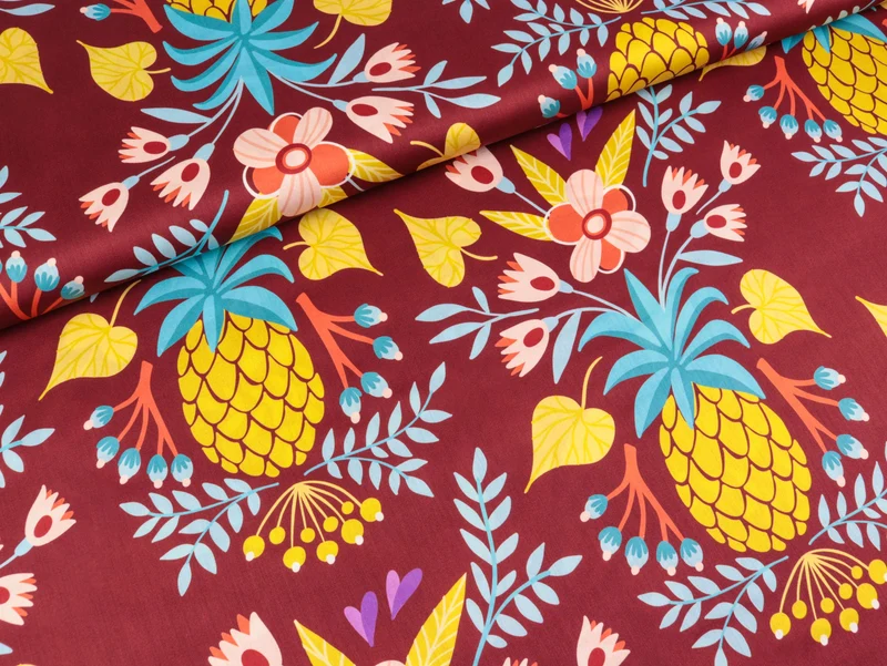 Reststück 29cm - Baumwoll-Satin Druck "At the Beach" Sweet Pineapple bordeaux by Hamburger Liebe