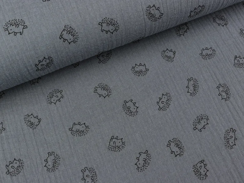 Reststück 30cm - Baumwoll Musselin Double Gauze Bambino Kleine Igel schwarz auf Dunkelgrau