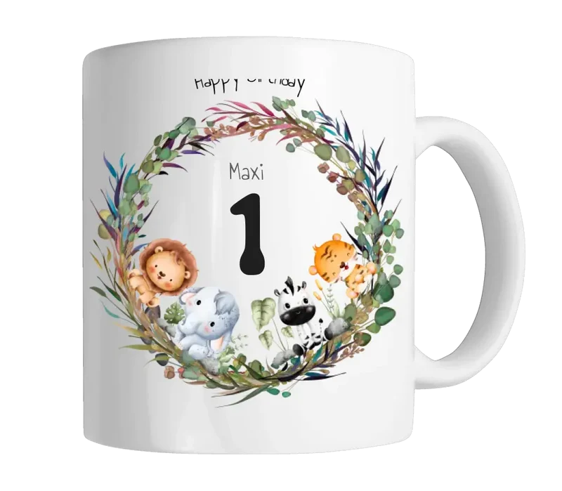 Dschungeltiere Kindertasse - Personalisierte Tasse Geschenk, Geburtstagstasse mit Geburtstagszahl, Namen und Text