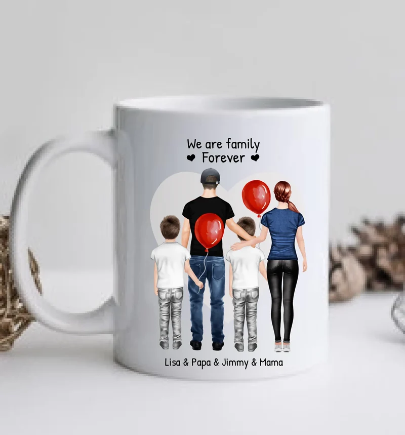 Personalisierte Tasse mit Familie 2 Kinder | Mama, Papa, 2 Kinder, Sohn oder Tochter | Geburtstagsgeschenk - Weihnachtsgeschenkidee