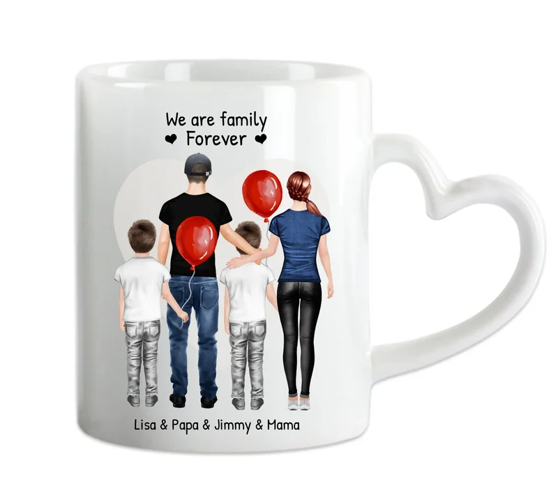 Personalisierte Tasse mit Familie 2 Kinder | Mama, Papa, 2 Kinder, Sohn oder Tochter | Geburtstagsgeschenk - Weihnachtsgeschenkidee
