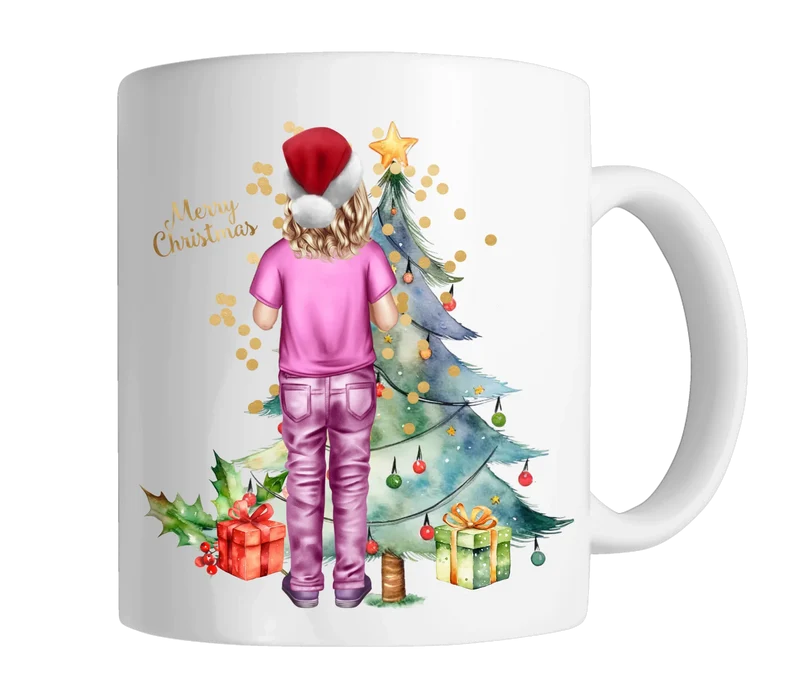 Personalisiertes Kinder Weihnachtsgeschenk Tasse / Teller Junge, Mädchen mit Name und Outfit