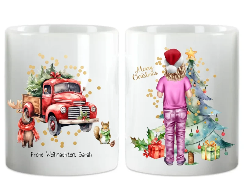 Personalisiertes Kinder Weihnachtsgeschenk Tasse / Teller Junge, Mädchen mit Name und Outfit