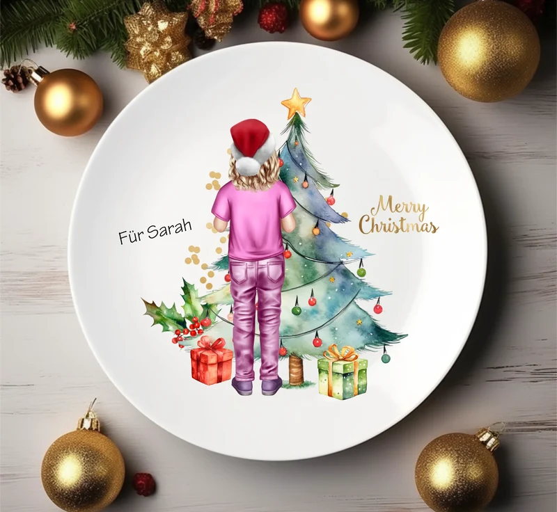 Personalisiertes Kinder Weihnachtsgeschenk Tasse / Teller Junge, Mädchen mit Name und Outfit