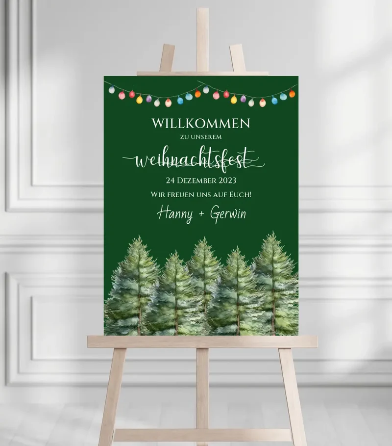 Weihnachtsschild Willkommen mit Tannenbäumen | Weihnachtsposter | Willkommensschild Weihnachten | Einladung Weihnachten | Weihnachten Einladung
